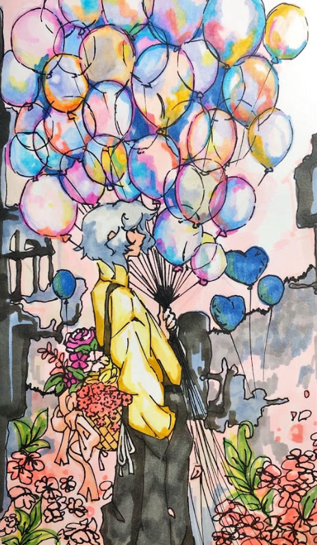 student art of an individual with balloons